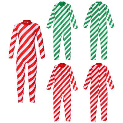 Kids Girls Boys Christmas Candy Cane Costume Long Sleeve Turtleneck Jumpsuit Dance Leotard
