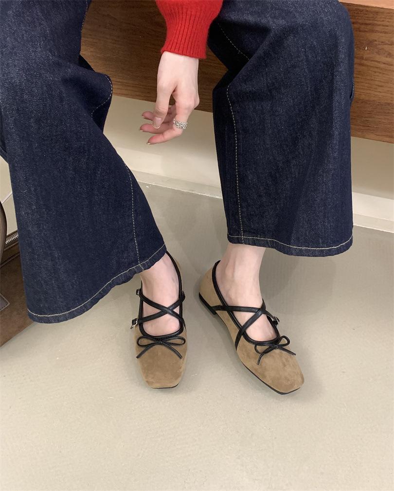

2025 new Korean version round head shallow mouth one word with bow ballet shoes women s soft sole with skirt double buckle single shoes 40 абрикосовый