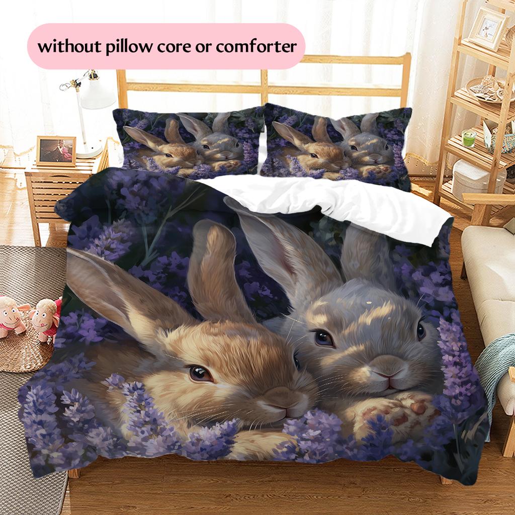Kaninchen und Frische Blumen Muster Bettwäsche Heimdekoration Geburtstagsgeschenk (1 Bettbezug + 2 Kissenbezüge, ohne Füllung)