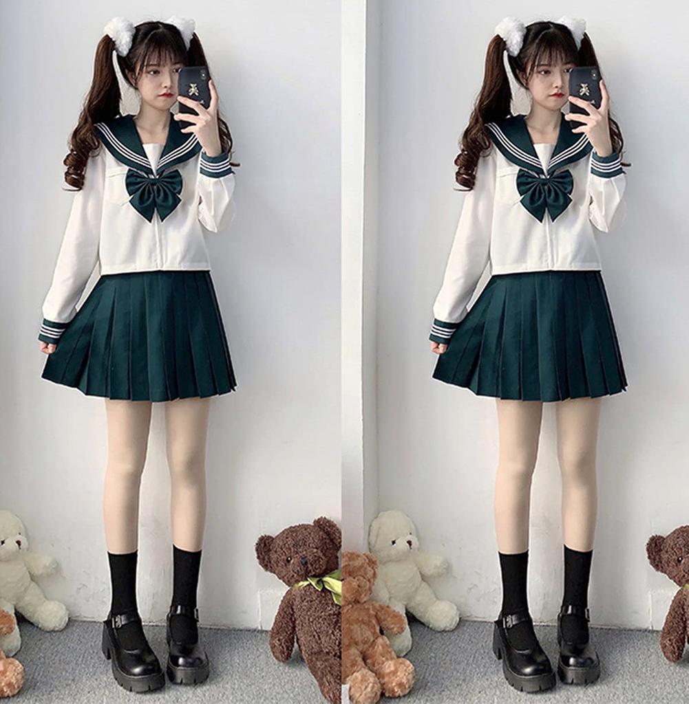 Claw Sailor Uniform Long Sleeve Gray White Cosplay JK Uniform with Bow Set Cosplay Costume High School Girl Uniform Skirt Set 3 [Nyanko] 4-Piece (Mini
