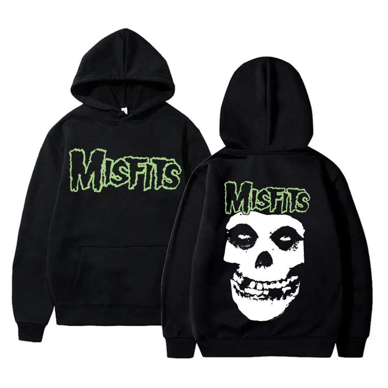 Horror Punk Misfits Graficzny Nadruk Czaszki Bluza z Kapturem Męska Gotycka Vintage Luźna Bluza z Kapturem Męska Polar Bawełna Ubrania Męska Bluza Rockowa