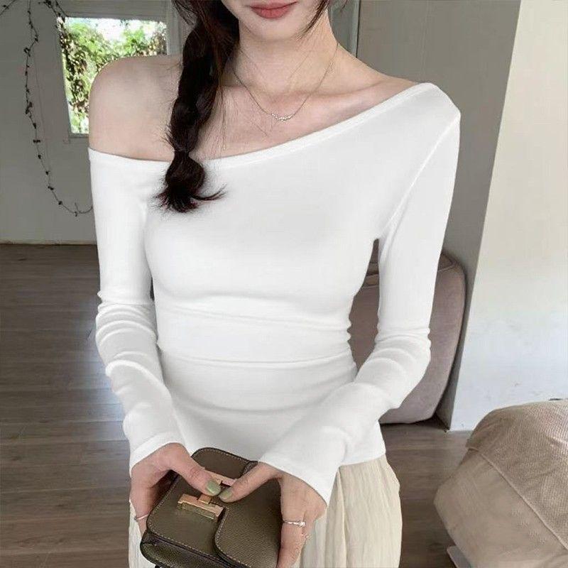 

Women s Dark Blue Asymmetrical Long Sleeve Cotton T-Shirt - Korean Design, Slim Fit, Versatile Spring/Autumn Base Layer Top L (Weight 105-115 kg) белый