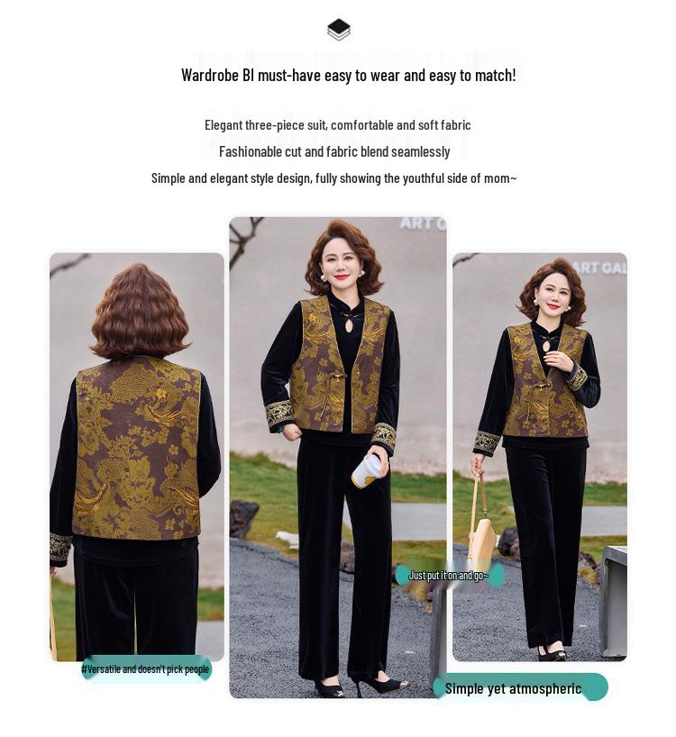 Elegant Spring/Autumn Retro Vest Suit: Middle-Aged Women's Chinese Style Golden Velvet Three-Piece Set