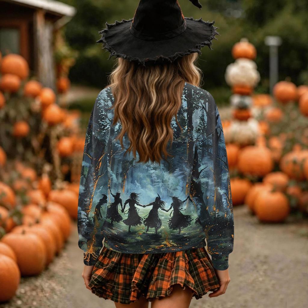 Women's Halloween Print Neck Pullover Sweatshirt, Long Sleeve Casual Fashion Top
