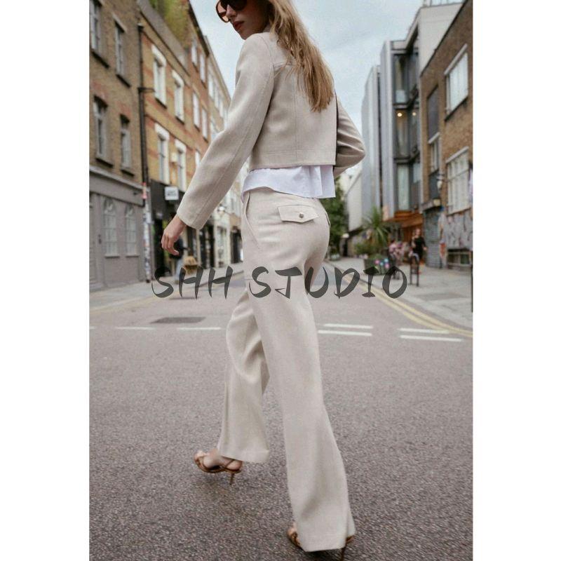 Short V-neck Long sleeve Casual Outerwear 8719129 High Waist Loose Long Straight Pants 8714129