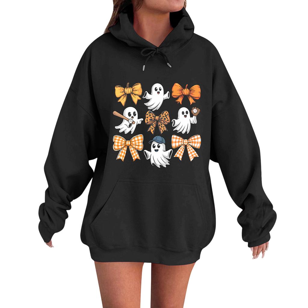 Women's Casual Fashion Comfortable Round Neck With Hood Long Sleeve Halloween Print Warm Sweatshirt