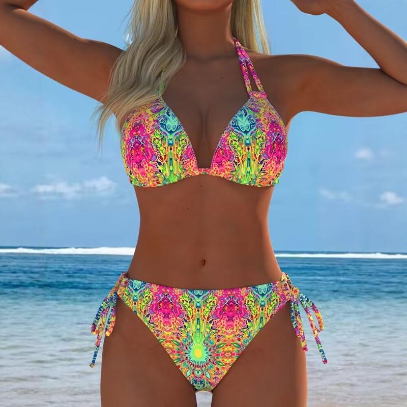 2026 New European and American Printed Bikini Split Swimsuit Women's Thin Lace-up Beach Fashion Swimsuit Suit
