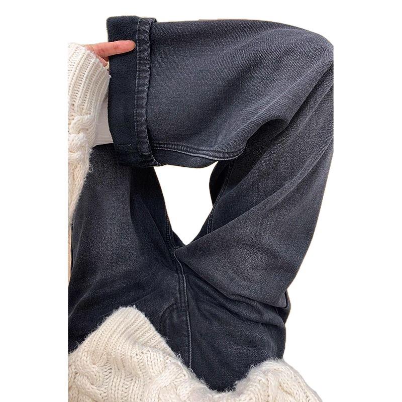 Smoke Grey Plus Size Wide-Leg Jeans for Women - Winter Thickened Straight Pants for Pear-Shaped Body