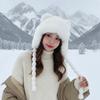 Striped Knit Pompom Braids Hat Fur Brim Fur Trim Trapper Fleece Knit Beanie  Ladies
