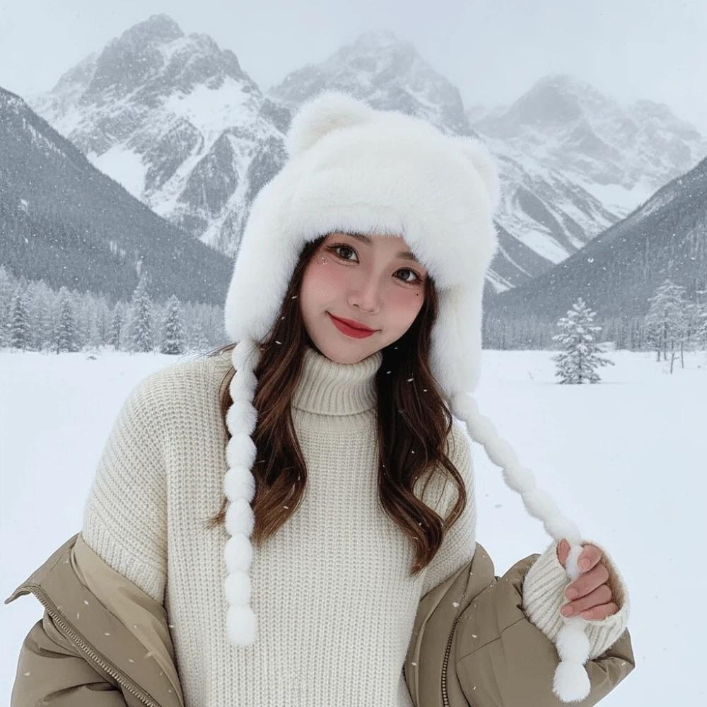 Striped Knit Pompom Braids Hat Fleece Lined Earflap Winter Cap Fleece Knit Beanie  Teens