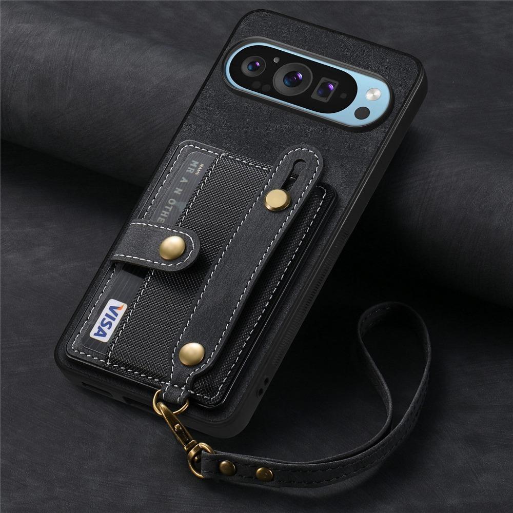 

Роскошный деловой ретро-чехол из искусственной кожи с ремешком на запястье для телефона Google Pixel 6 7 8 9 Pro XL 8A 7A 6A, держатель для карт, противоударный защитный чехол Goole Pixel 9 Pro XL чёрный