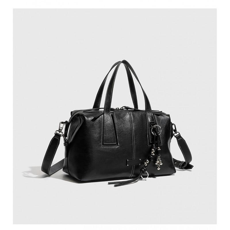 2026 New Retro Top-layer Cowhide Boston Bag Bowling Old Money Style High-end Cross-body Women's Large Capacity