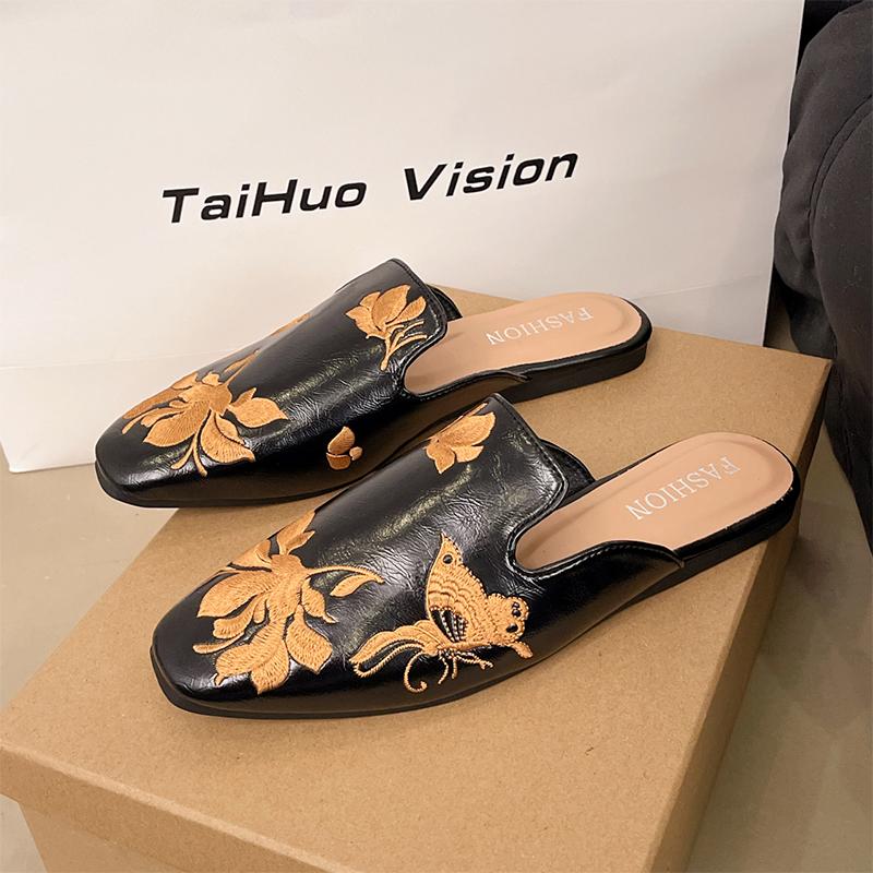 Cover Toe Shoes Woman's Slippers Slides Female Mule Soft Summer Flat Mules Retro Flat Shoes Female Ladies' Slippers Slipers