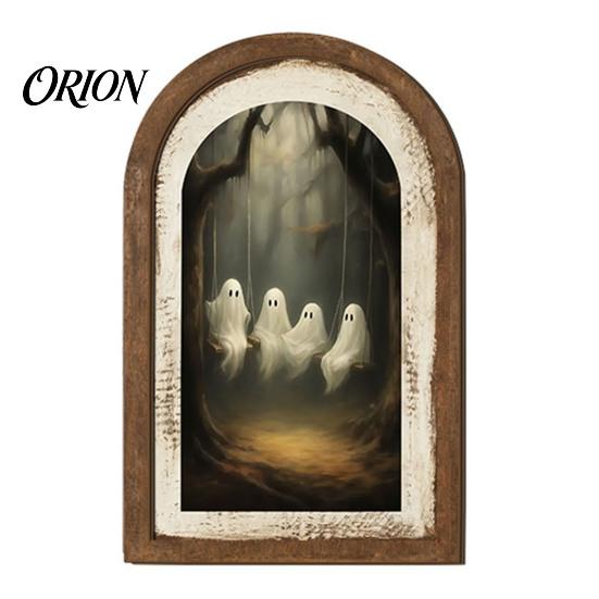 Halloween Spooky Decorative Sign Ghost Wall Decor, Cute Table Sign, Vintage Arch Framed Fall Season Accent Picture, Art for Mantel Living Room Bedroom