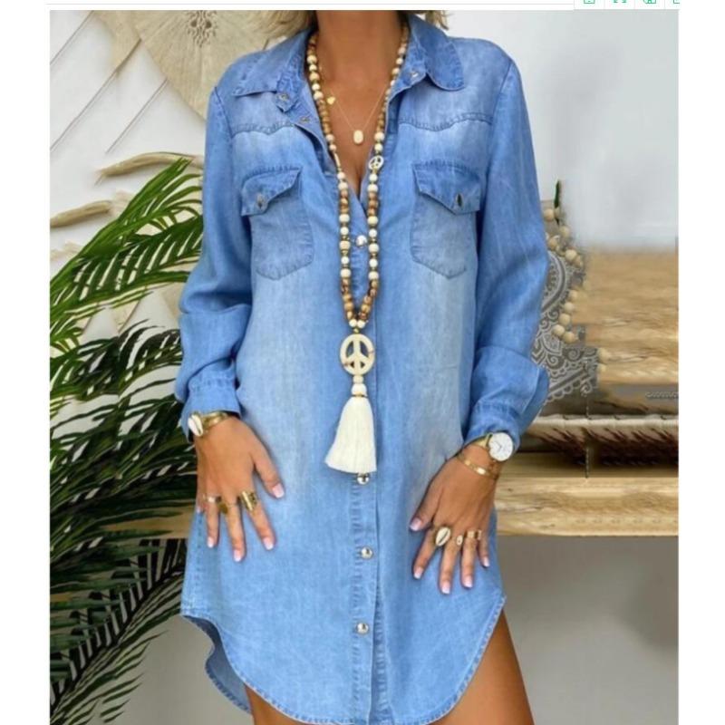 

Модное новое европейское и американское однотонное джинсовое платье-рубашка с длинными рукавами и нагрудным карманом XXXL синий
