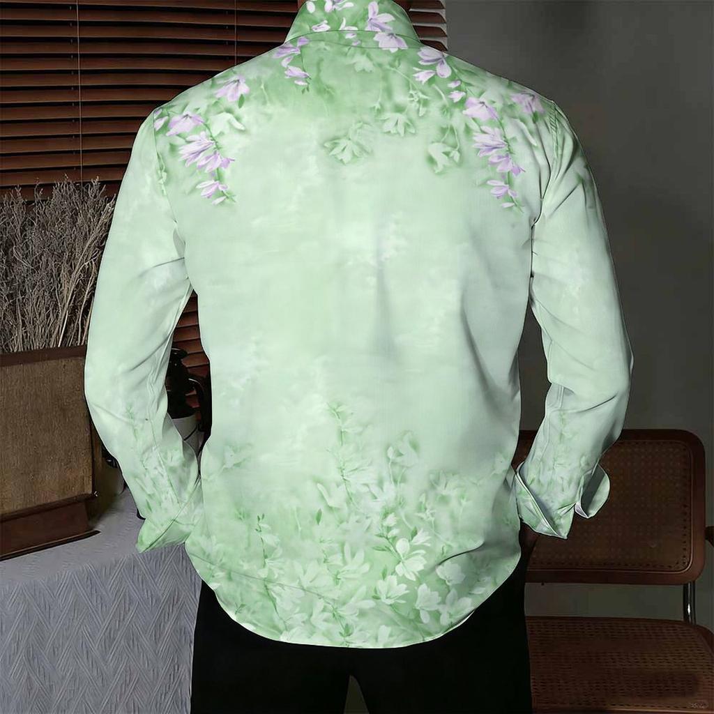 Men Collared Shirt Light Purple Wisteria Floral Print Long Sleeve Button Down Top