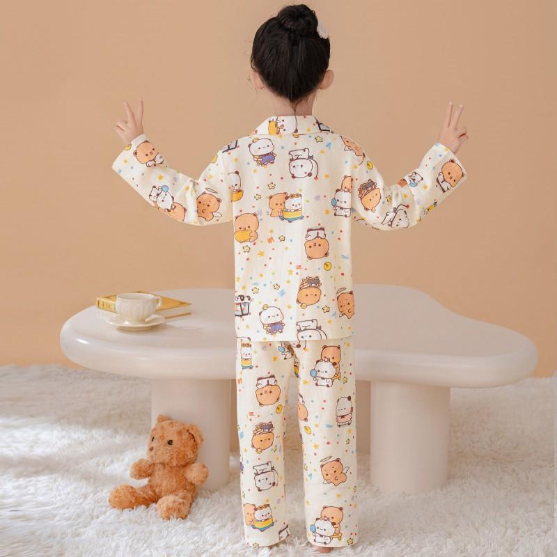 Cotton Girls Pajama Set Long Sleeve Button Front Sleepwear Kids 8 Years Thin Comfortable Home Outfit