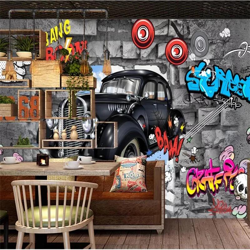 Large Wall Murals Retro European 3D Brick Wall Mural Car Graffiti Mural Wallpaper
