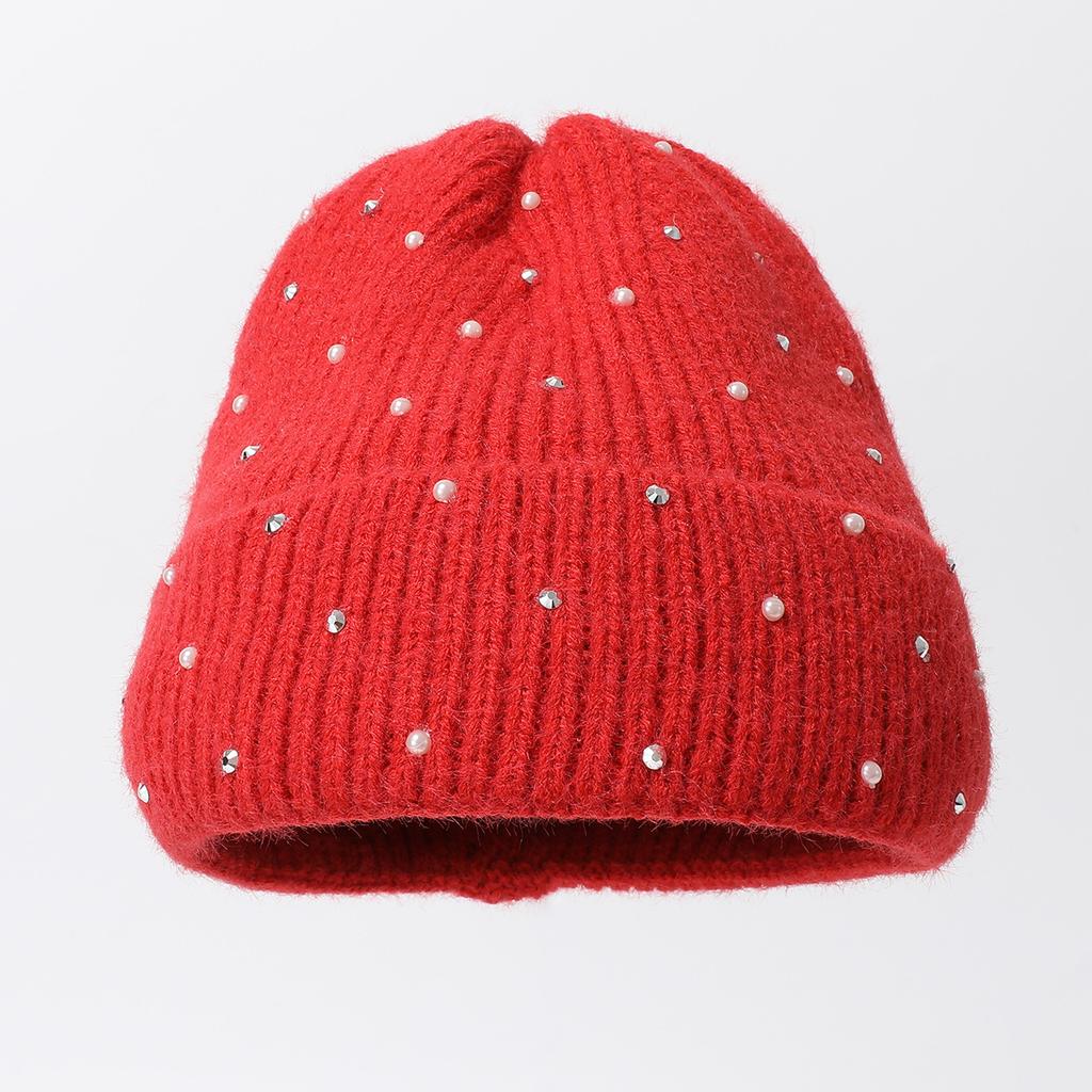 Solid Color Knitted Hat Big Head Versatile Warm Elastic Pullover Hat Bead Cold Hat