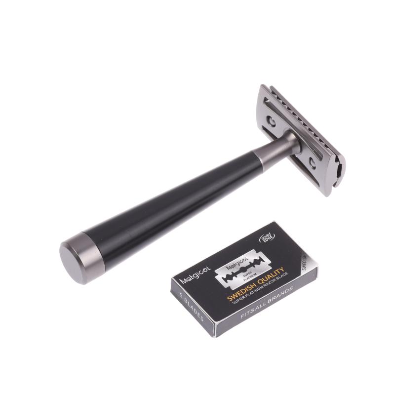 Double Edge Safety Razor, Faux Wood Zinc Alloy Handle Razor With 5 Stainless Steel Blades, Heavy Duty Eco-Friendly Razor