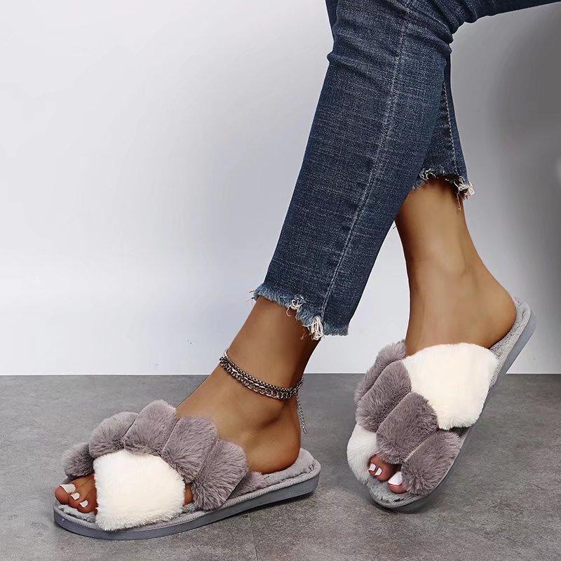 Fashion Hot Sale Cross Straps Double Straps Plush Slippers Sexy Leopard Soft Sole Floor Shoes Home Non-slip Warm Lightweight Flip Flops