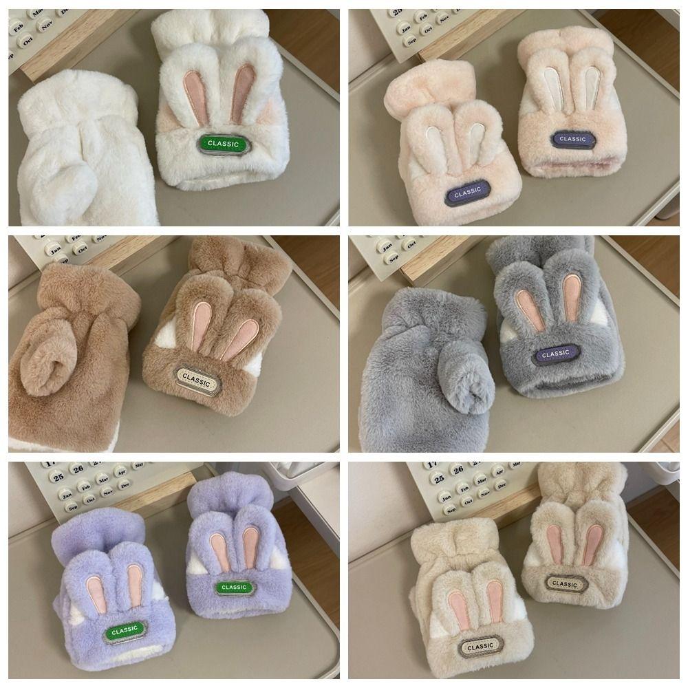 Thickened Half Finger Gloves Cartoon Flip Cover Plush Gloves Gift Rabbit Ears Mittens School