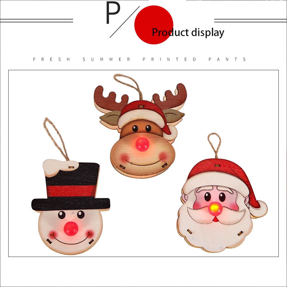 3PCS Christmas Wooden Pendant with LED Light Santa Elk Snowman Pattern Luminous Pendant Christmas Tree Decoration