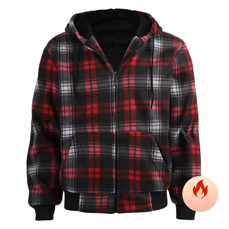 Warm Thick Fleece Plaid Shirt Jacket for Men Winter Sherpa Lined Hoodie Flannel Shirts Coat with Pockets Men's Windproof Zip Up Jackets with Hood