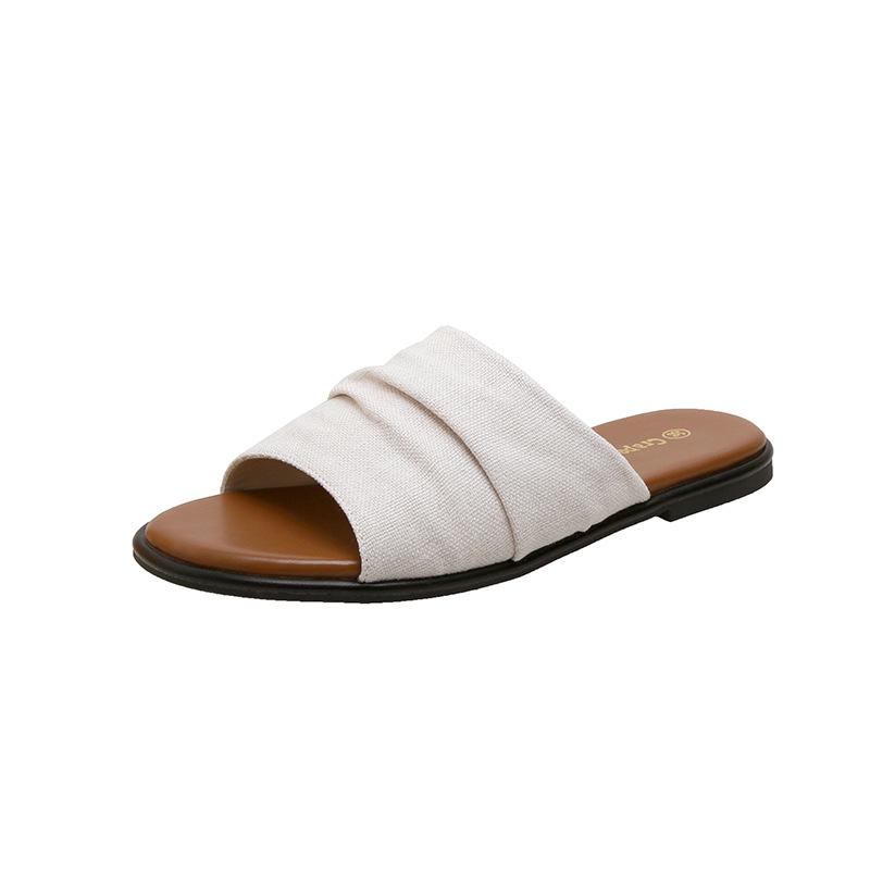 

Grape mother of the same style, holiday wind beach shoes, linen pleated flat-bottomed sandals women s slippers, outer wear 2025 summer 40 бежевый
