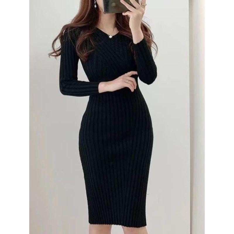 Dress Hong Kong Style Sexy V-neck Waist Hugging Slim fit Sheath Long sleeve Knitted dress Sexy Knit Dress