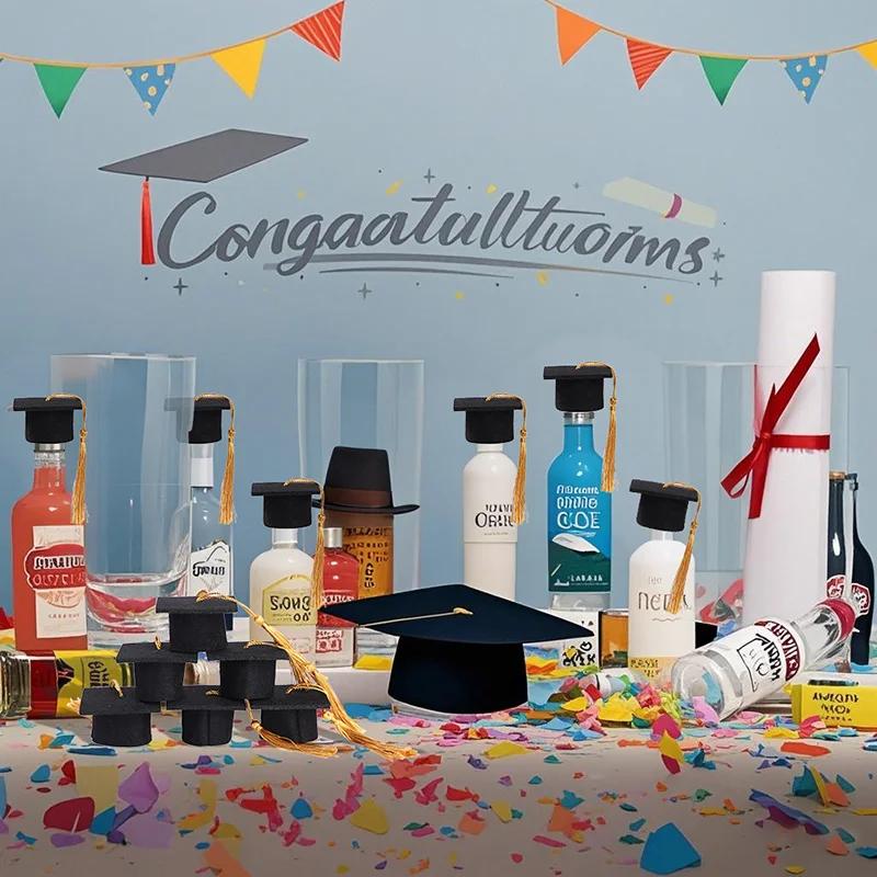 5/10pcs Chapeau de Diplômé en Feutre avec Pompons pour Fête de Remise des Diplômes Décoration DIY Bouchon de Bouteille de Vin Mini Chapeau de Diplômé Boîtes Cadeaux Bonbons