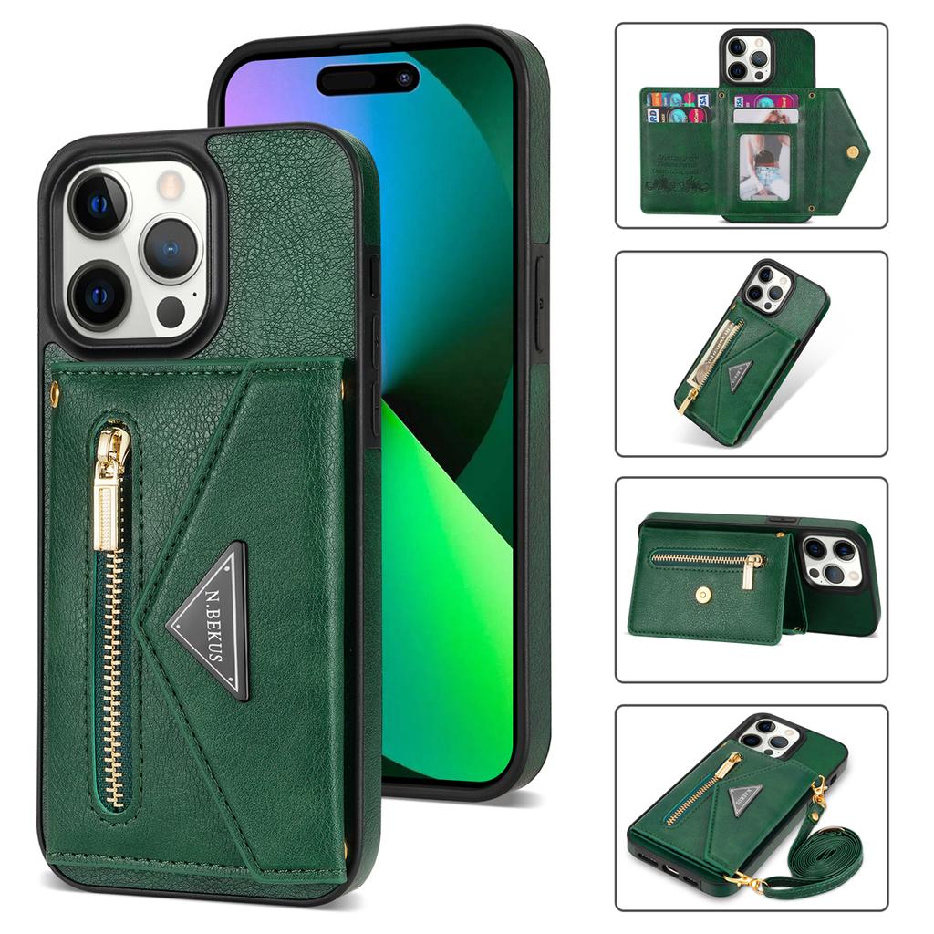 N.BEKUS For iPhone 16 Pro Max Leather Zipper Case Card Holder Phone Cover with Shoulder Strap