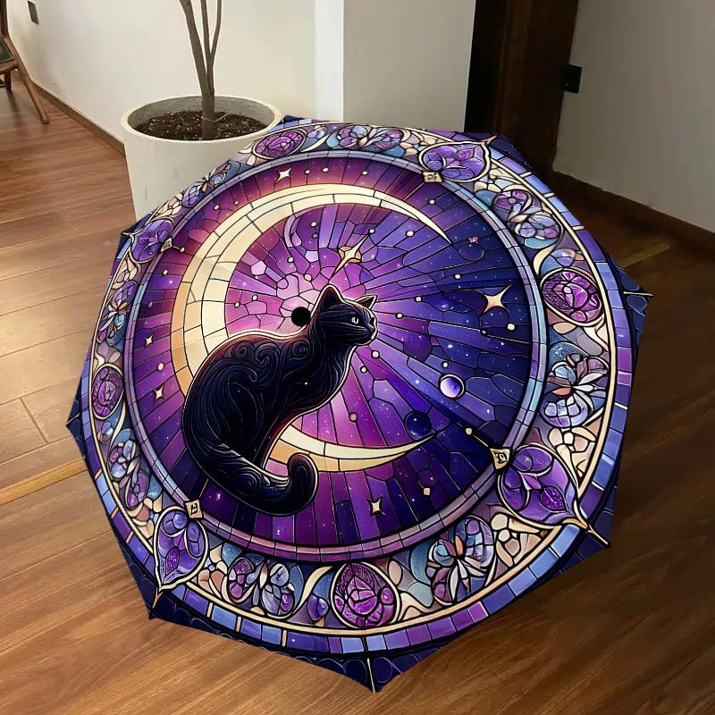 1PC stained glass window moon cat Umbrella-8-Rib Reinforced, Automatic Open, Lightweight & Durable, Cute Fashion Accessory for Outdoor-W9235