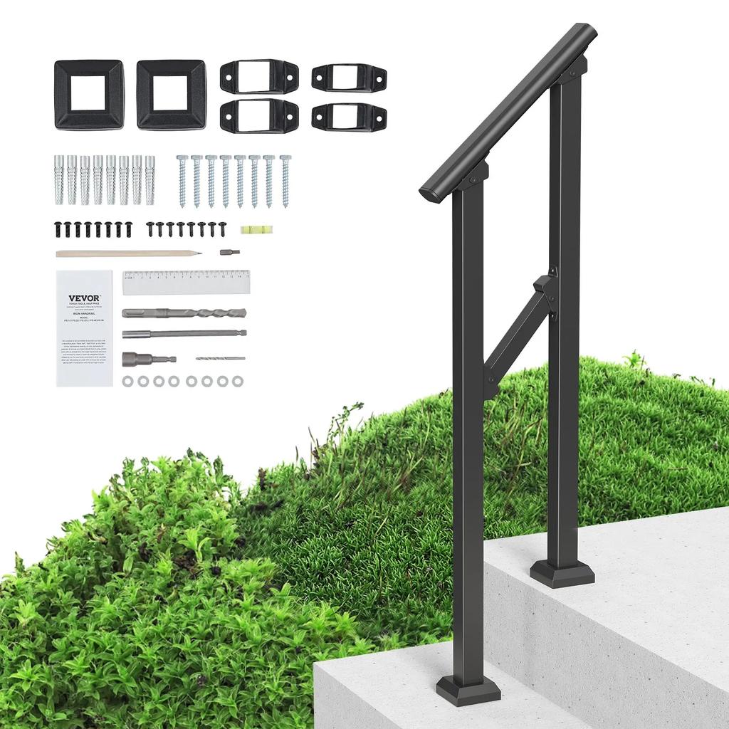 VEVOR Handrails for Outdoor Steps, 1-2 Step Stair Hand Rail Kit, Transitional Carbon Steel Railings with Installation Kit, Stair Rails for Seniors
