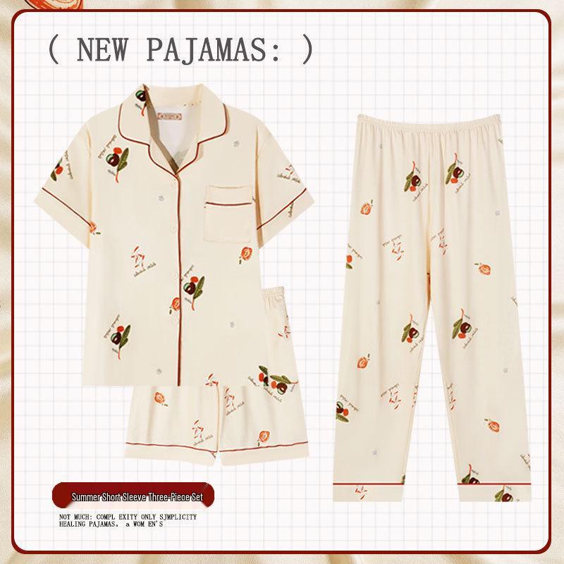Pastoral Women's Pajama Set: Soft, Cute Rabbit Design, Short-Sleeve, Casual Three-Piece Loungewear.