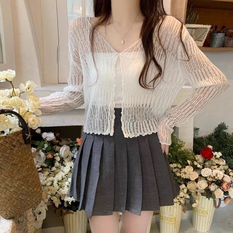 Summer Thin Sun Protection Coat Short Knit Cardigan Hollow Out V-neck Long Sleeve Shawl Top Air Conditioning Cover Up