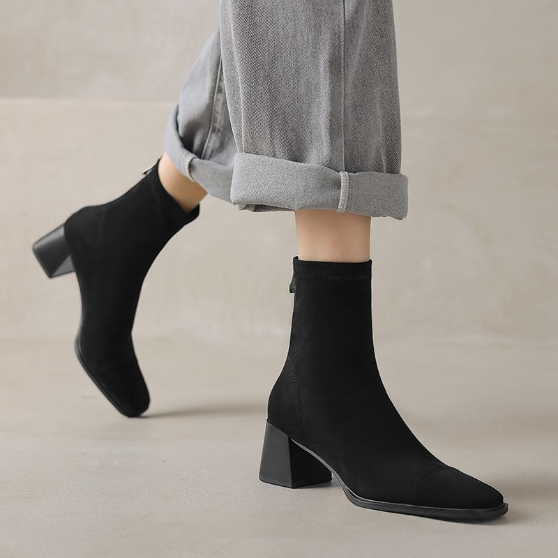 Krazing Pot Microfiber Flock Square Toe Winter Thick High Heels Fashion Boots Women Size 42 Elegant Patch Work Ankle Boots