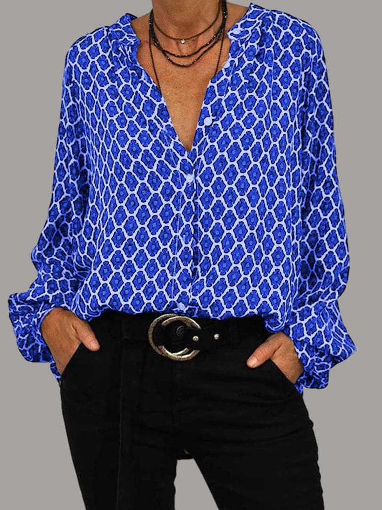 New Women's Spring Season V-Neck Long Sleeve Printed Fashion Elegant T-Shirt Blouse