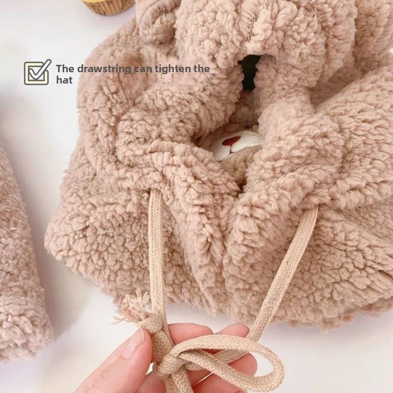 Cute Bear Pattern Sherpa Hooded Scarf Hat with Built-in Mask Warm Winter Cap for Women & Students