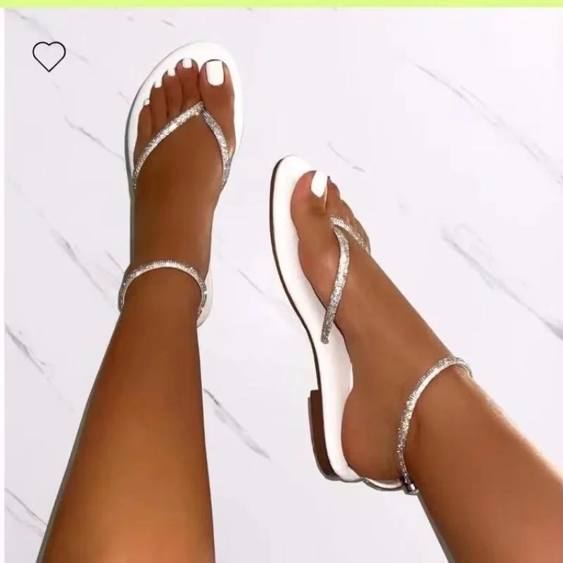 Fashion 2025 Summer Hot Sale Ankle Strap Women's Sandals Flip Flops Fashion Round Toe Flat with Bling Rome Sandals Beach Daily Plus Size