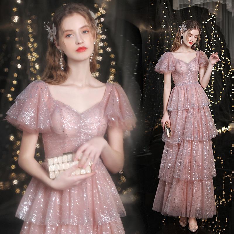 Starry sky pink bridal wedding toast 1011 new autumn and summer dinner annual meeting celebrity host evening dress