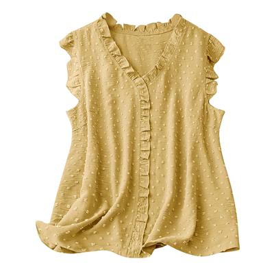 Blusa informal de verano con cuello en V, sin mangas, color azul y rosa, con volantes y tejido de bola para mujer
