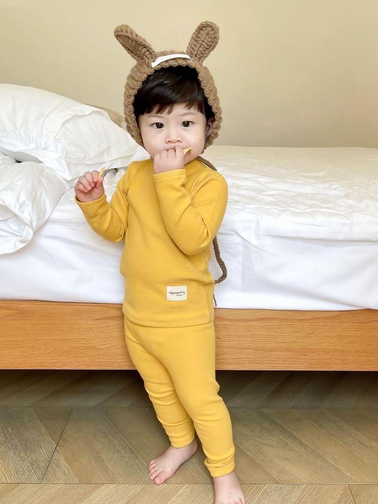 Unisex Baby Cotton Thermal Set: Cozy Brushed High-Neck Top & Trousers for Autumn/Winter