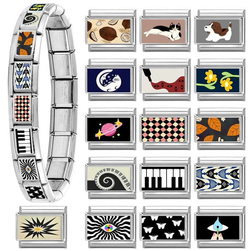 New Cute Colored Cats Dogs Leaf Italian Charm Fit 9mm Stainless Steel Women DIY Bracelet Fashion Jewelry