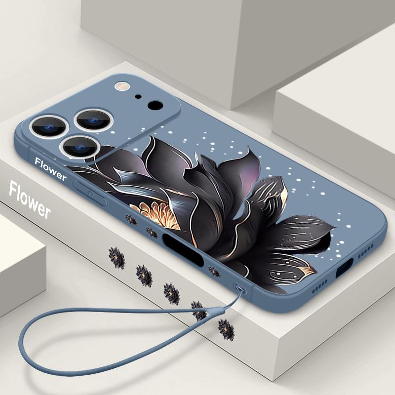 Black Rose Lotus Print Case For iPhone 17 Pro Case for iPhone 17 16 15 14 13 17 Pro Max 16e 15 16 Plus Shockproof TPU Silicone Lanyard Phone Cover