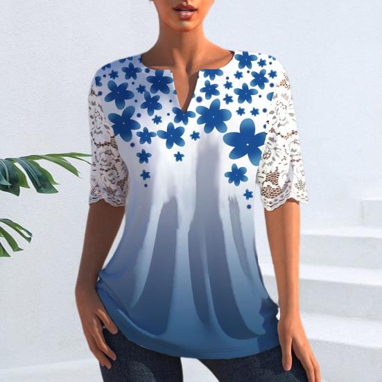 

Женская весенне-летняя повседневная футболка с v-образным вырезом, кружевной пуловер с половиной рукавом, топы, свободная эластичная футболка с цветочным принтом S синий