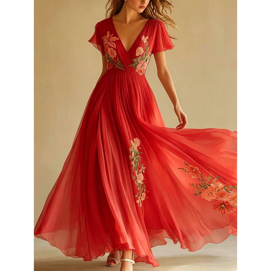 Women's V Neck Short Sleeve Maxi Dress Loose Fit High Waist Sweet Floral Print Chiffon A-Line Dress