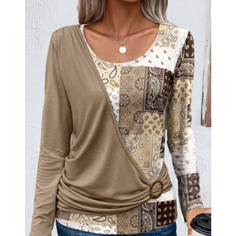 TIFICY Women s Fashion Casual Spring Autumn Long Sleeve O-Neck Blouses & Shirts S коричневый
