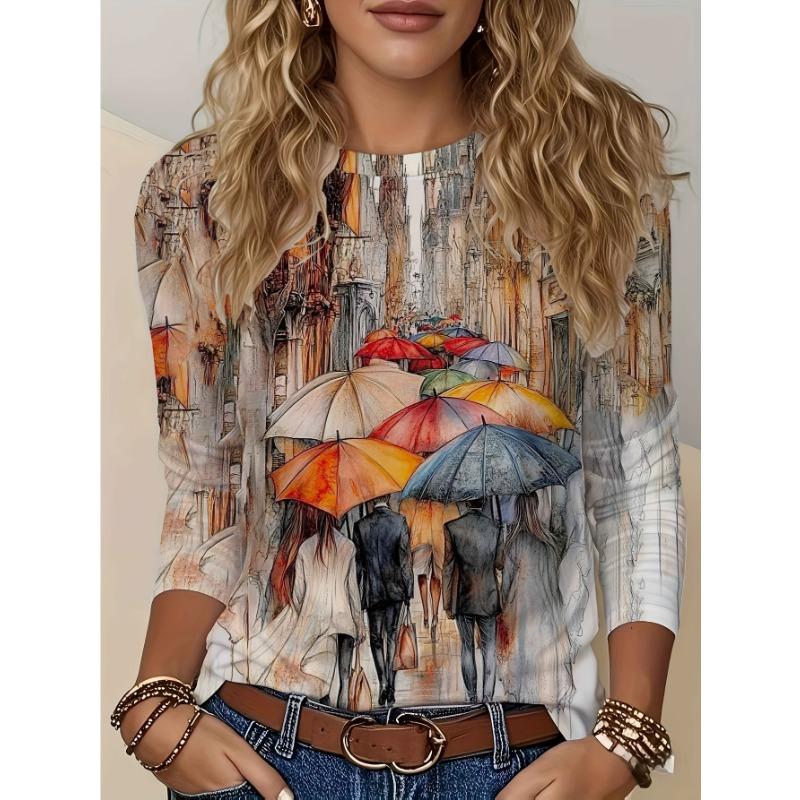 Artistic Landscape Painting Pattern, Slim Fit, Casual Round Neck, Long Sleeves, Everyday Creative Oil Painting Design Pattern.