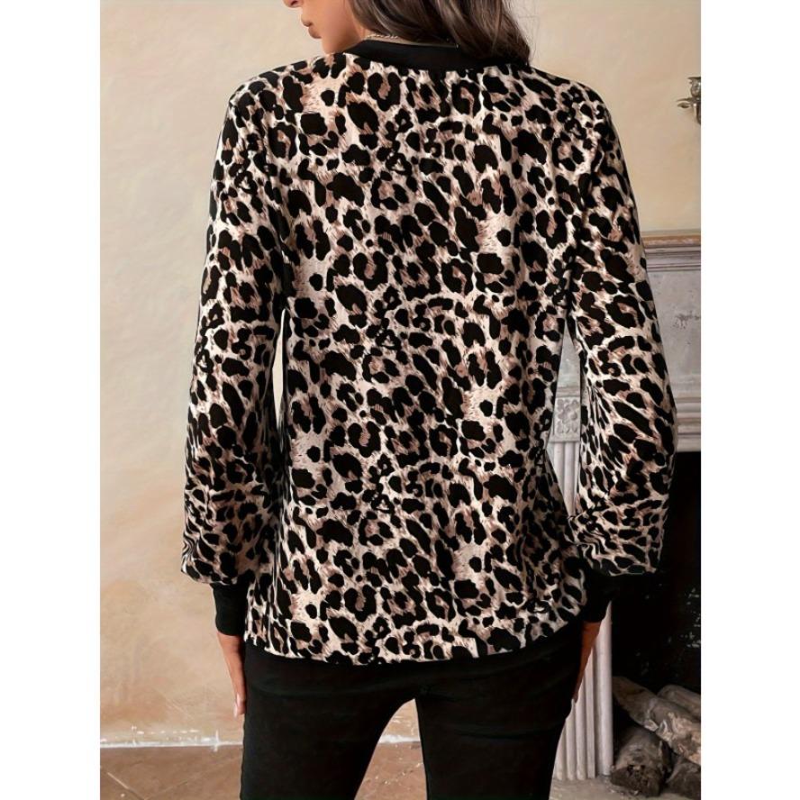 Women's Fashion Casual Spring Autumn Leopard Print Long Sleeve V-Neck Blouses & Shirts